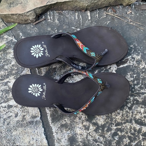 Yellow Box Tribe Turquoise Brown Orange Beaded 2” Wedge Sandal’s Size 7 … - Picture 3 of 8